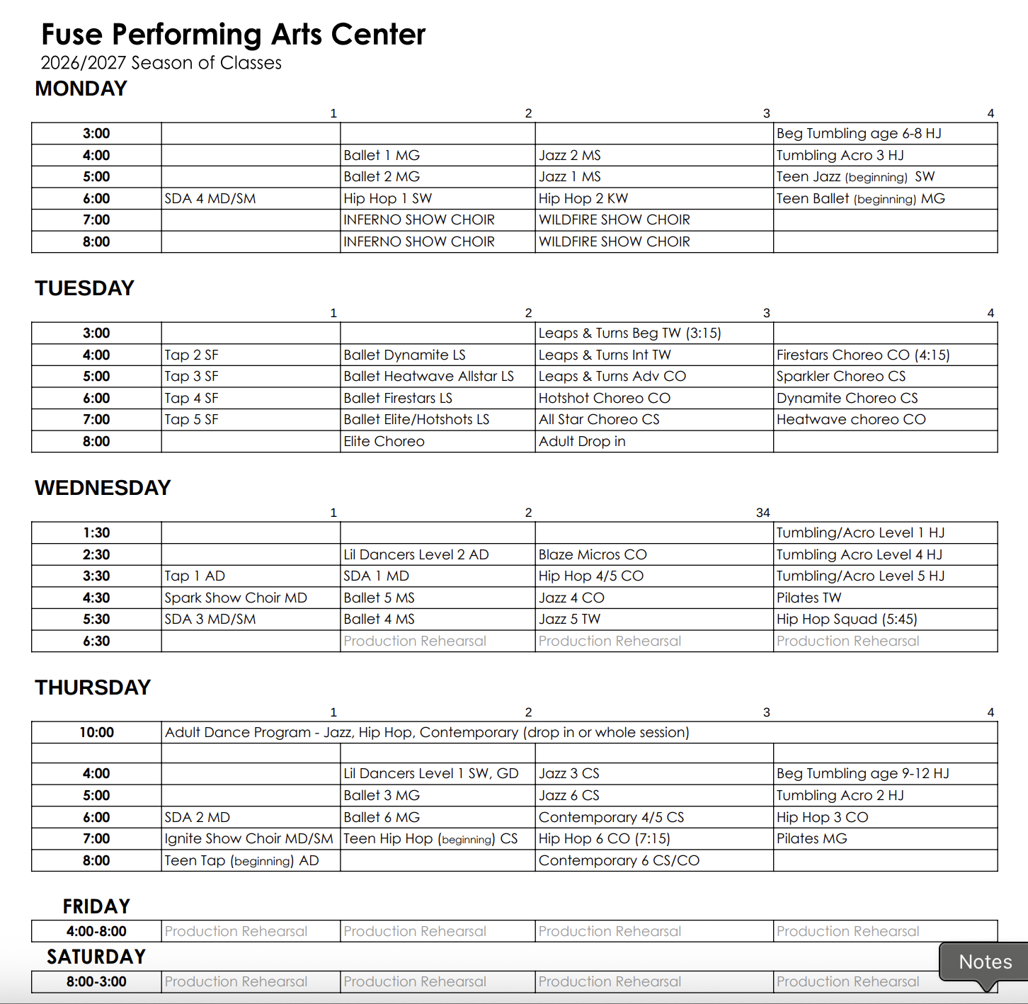 Fall Class Schedule